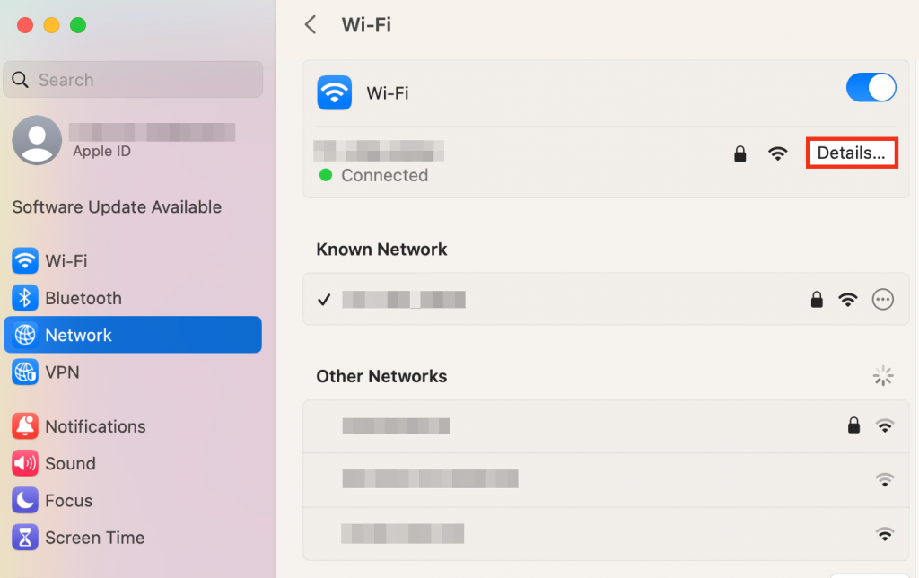 macOS' Wi-Fi section with Details highlighted