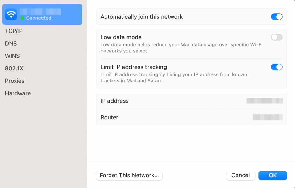 macOS' Wi-Fi Details panel with IP address information
