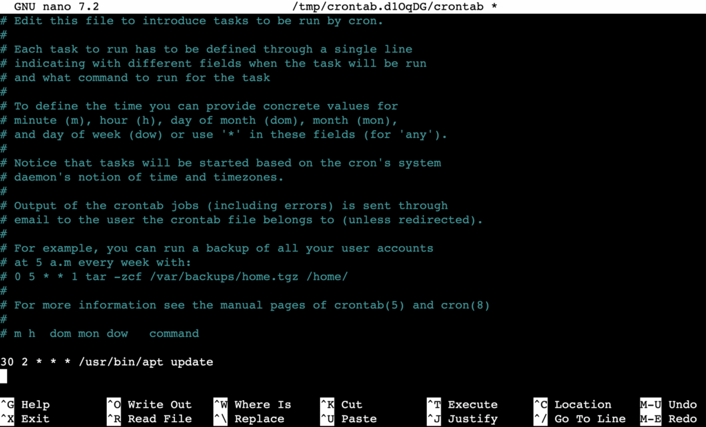 Nano editor open with a crontab file in the terminal