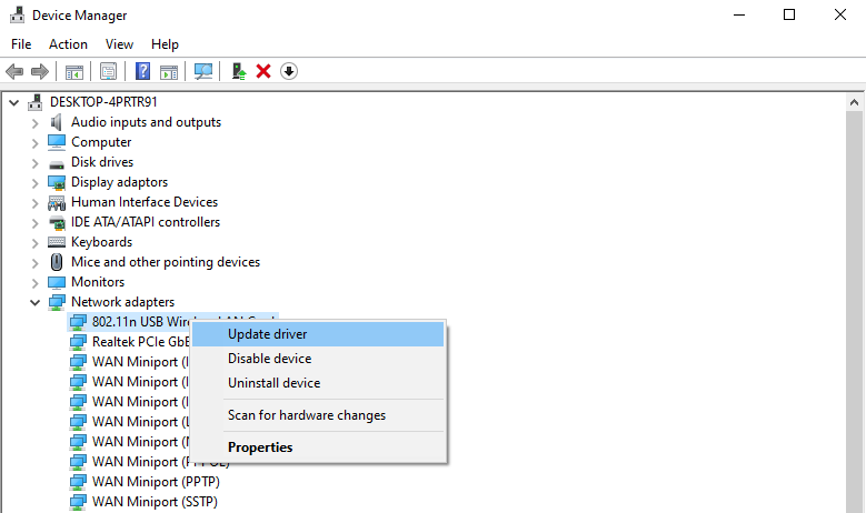 Selecting update driver on Windows Device Manager