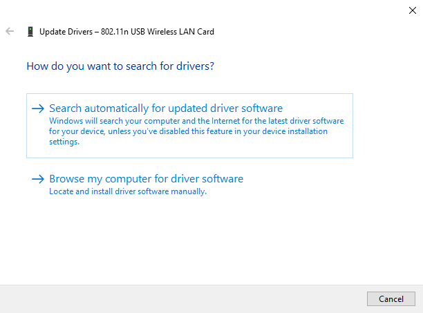 Selecting Search automatically for updated driver software