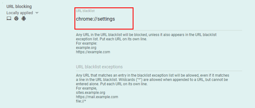 URL-blocking in Google Admin Console with the URL blacklist chrome://settings highlighted
