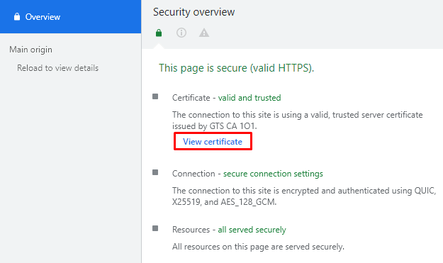 Screenshot from the security overview showing where to find the View certificate option.
