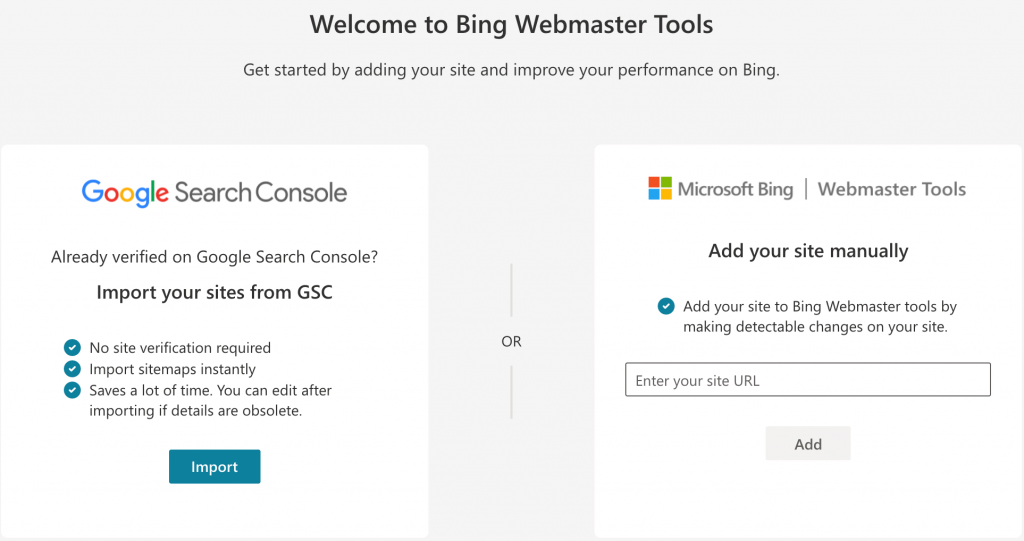 Welcome to Bing Webmaster Tools window where we click on the import button,