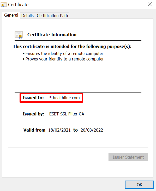 Example of a wildcard SSL certificate on Healthline's website.