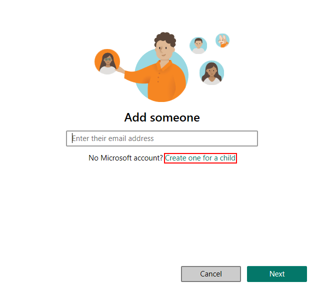 Windows 11 account creation screen with the Create one for a child link highlighted