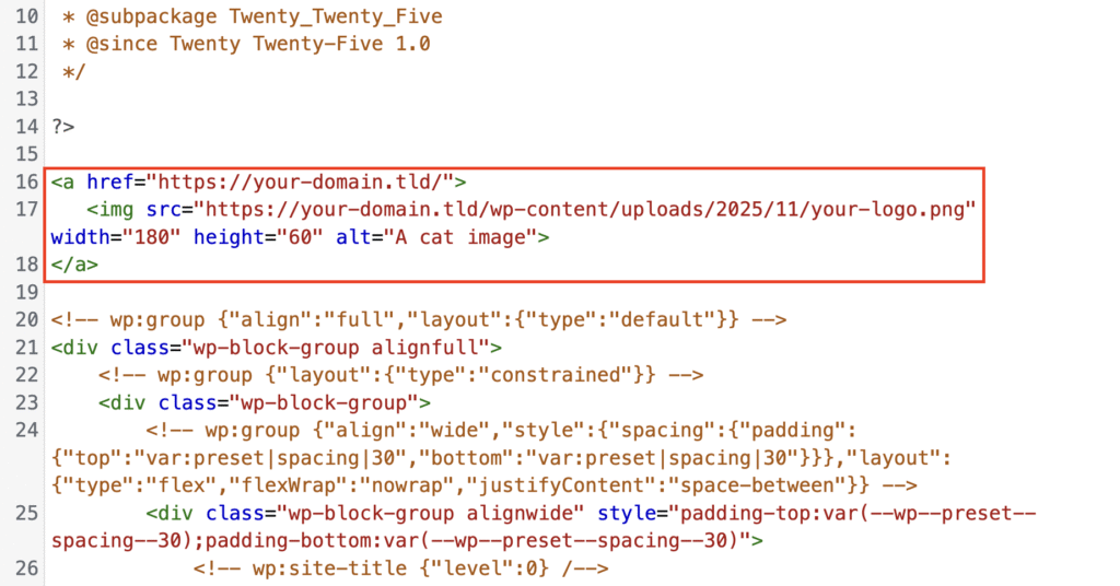 a href and img src code highlighted in the WordPress Theme Editor