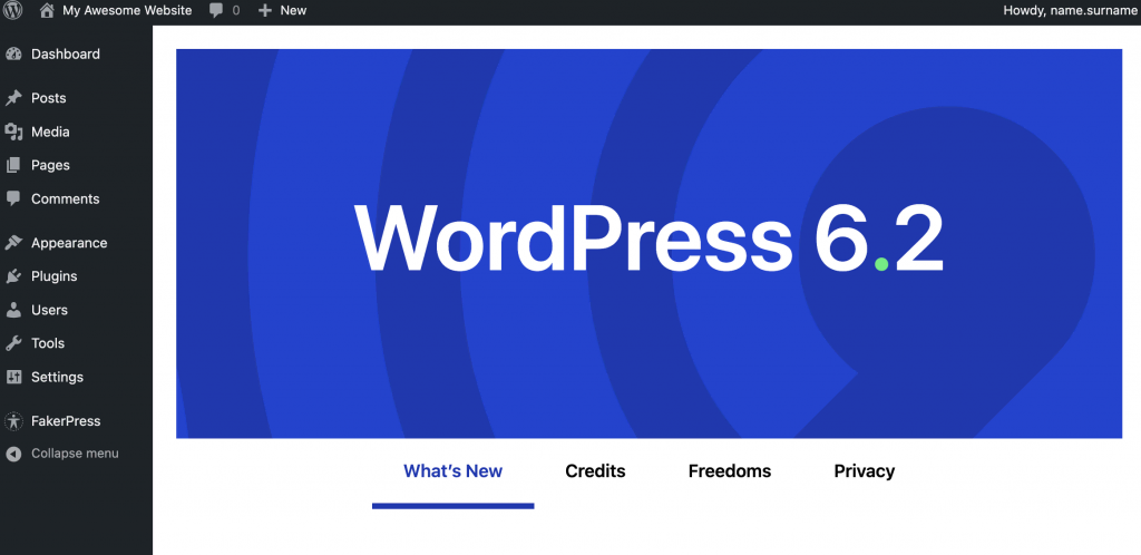 Welcome screen of the new WordPress version.