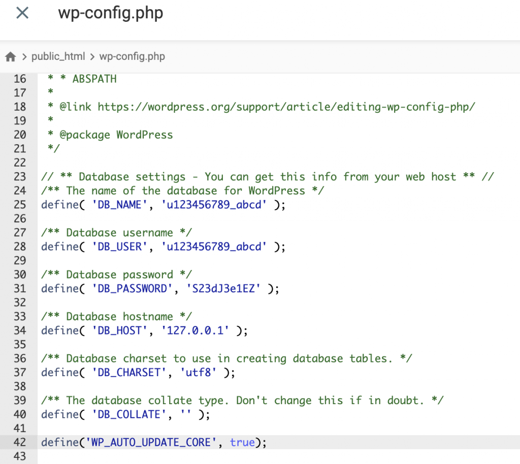 Editing the wp-config.php file and adding auto update line