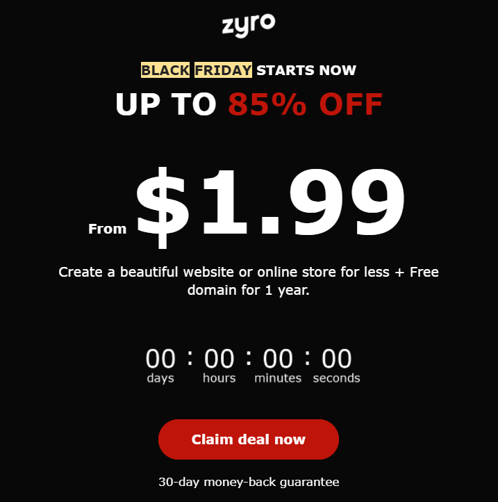 Zyro's Black Friday email marketing message.
