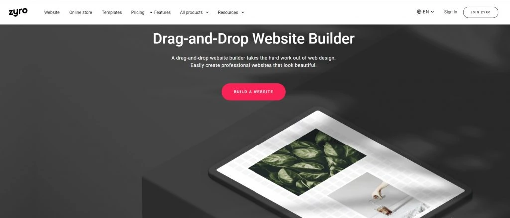 Zyro drag-and-drop website builder page.
