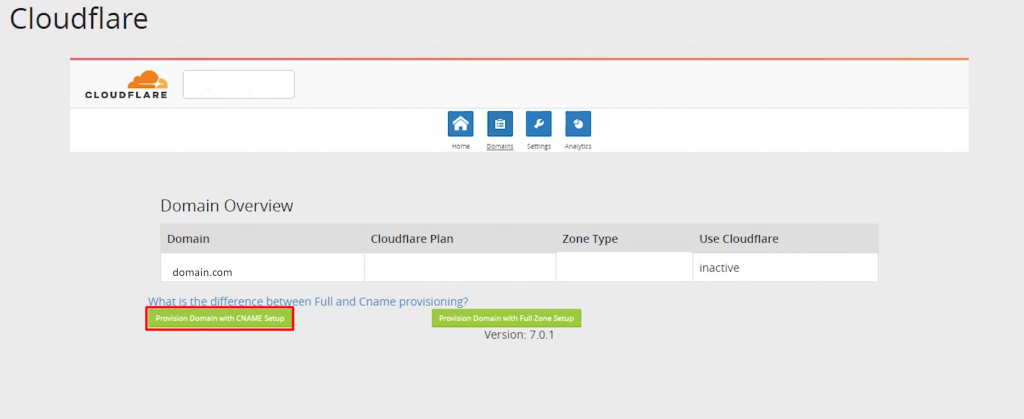 The Domain Overview screen on Cloudflare