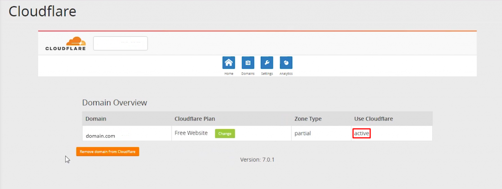 The active status for a domain on Cloudflare