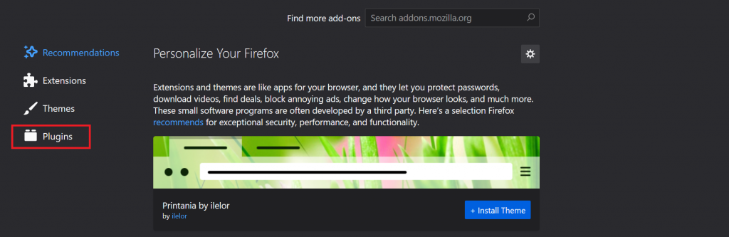 Selecting Plugins on Mozilla Firefox.