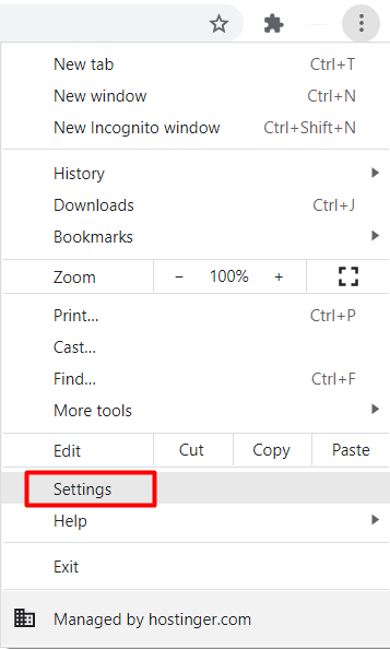 Selecting settings on Google Chrome.
