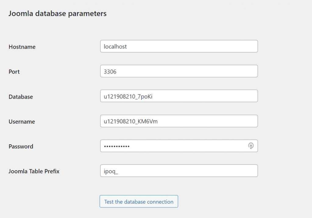 Joomla database parameters