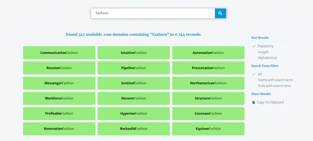 Lean Domain Search giving a list of 347 available domains containing the word fashion