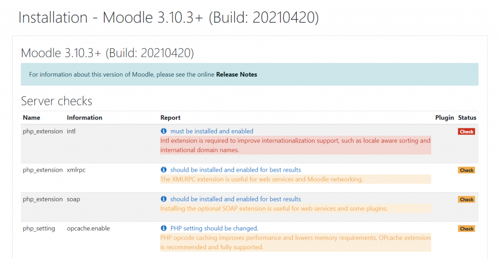 Report to enable Intl PHP Extension to install Moodle