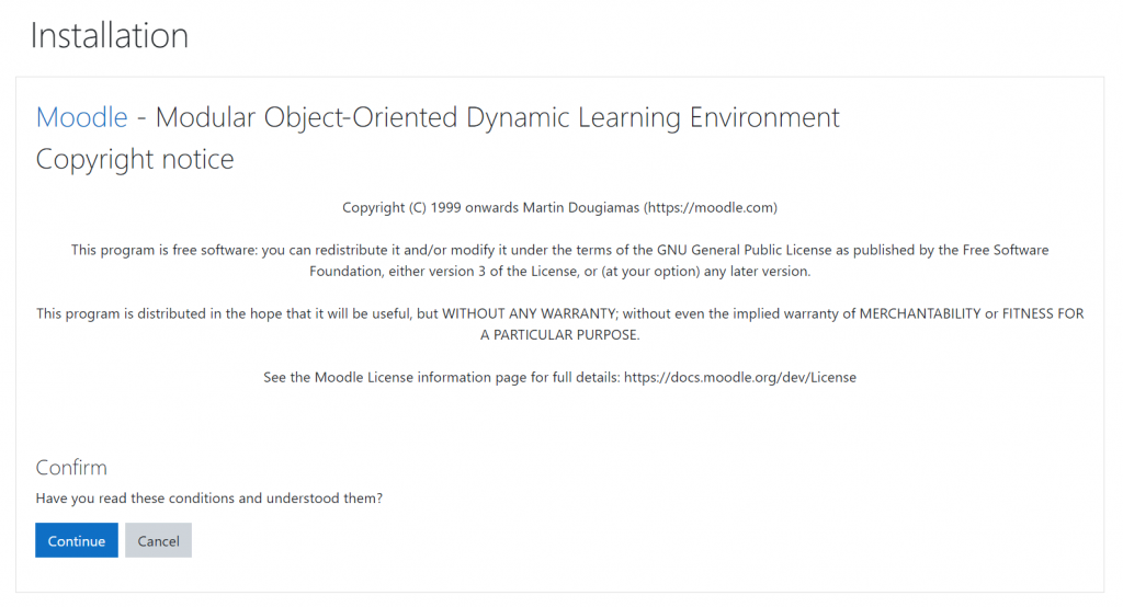 Continuing the Moodle installation process by confirming that you have read the copyright notice