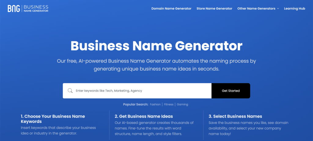 BNG Business Name Generator homepage