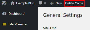 The Delete Cache button in WordPress' toolbar.