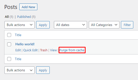 The Purge from cache button in WordPress' Posts menu.