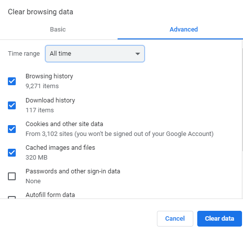 The Time range option in Google Chrome's Clear browsing data box.