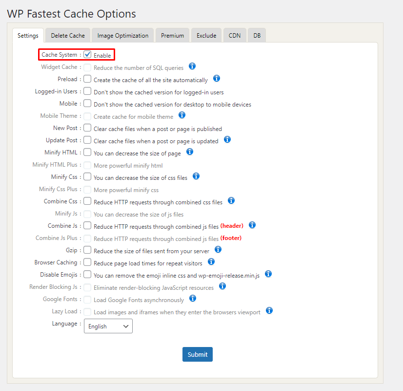 The WP Fastest Cache Options page showing where the Settings menu is and where to enable Cache System on WordPress.