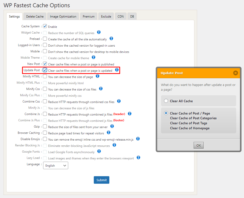The WP Fastest Cache Options page showing where the Settings menu is and where to tick the Update Post box on WordPress.
