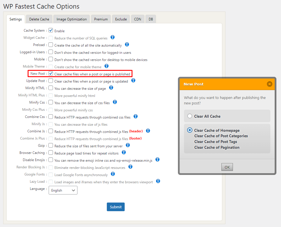 The WP Fastest Cache Options page showing where the Settings tab is and where to tick the New Post box on WordPress.