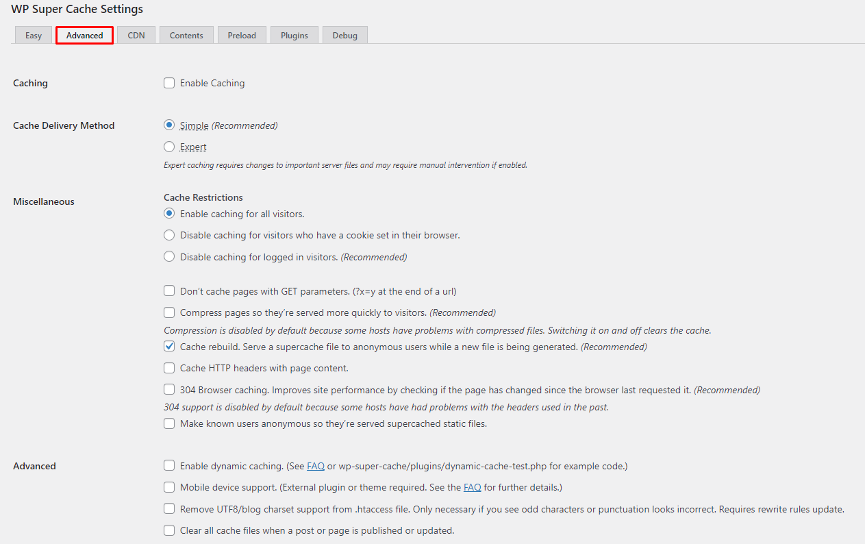 The WP Super Cache Settings page showing where the Advanced menu is and where to adjust the configurations on WordPress