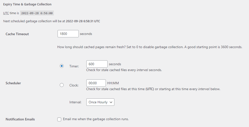 The expiry time and garbage collection settings on WP Super Cache.