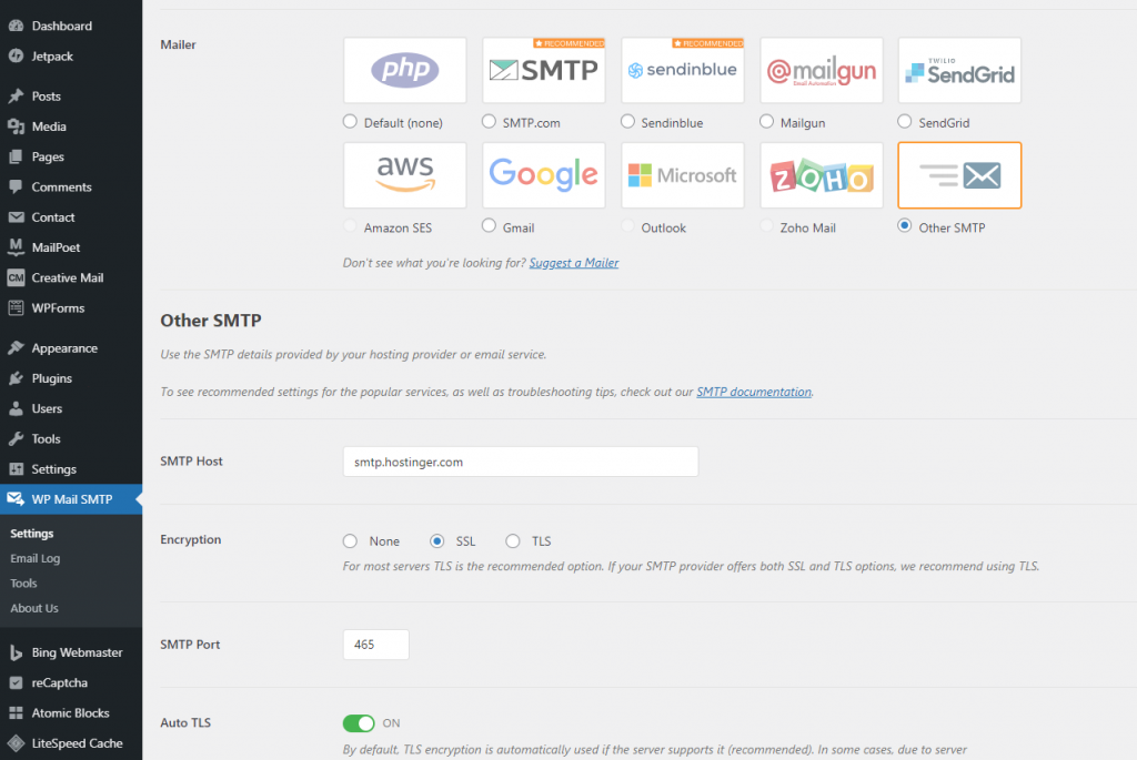 Filling out the information in the Other SMTP section