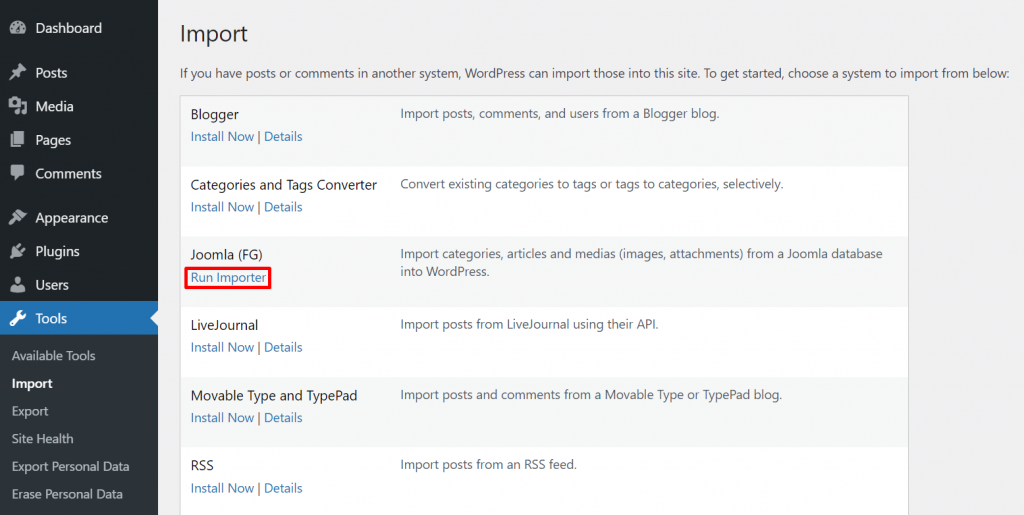 Selecting Run Importer under the Joomla (FG) option on the WordPress dashboard