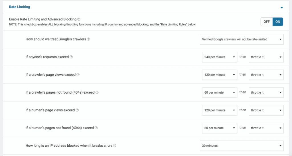 Wordfence Rate Limiting options