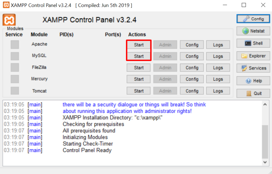 Clicking Start for both Apache and MySQL in the XAMPP control panel