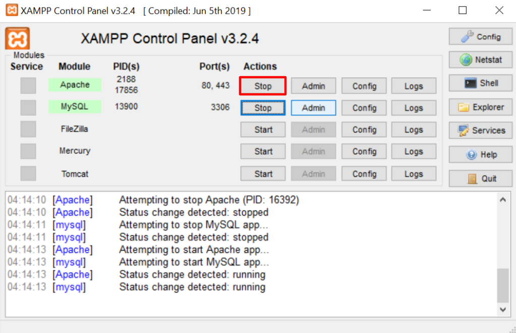 Restarting Apache on the XAMPP control panel