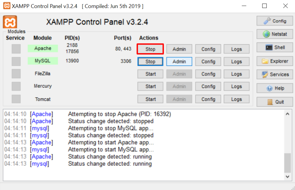 Restarting Apache on the XAMPP control panel