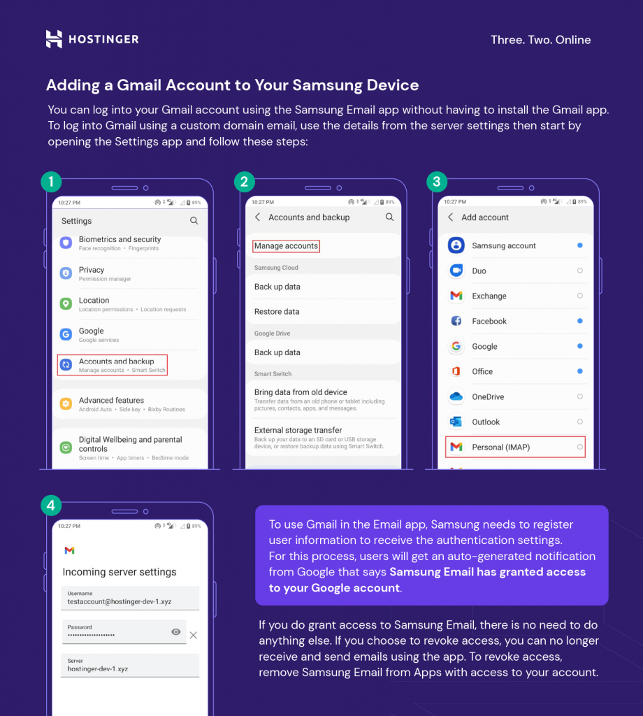 Adding Gmail and custom domain email to Samsung