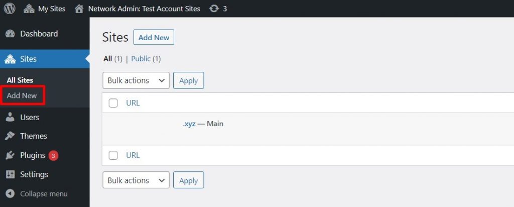 Add New button under the All Sites section in the WordPress dashboard