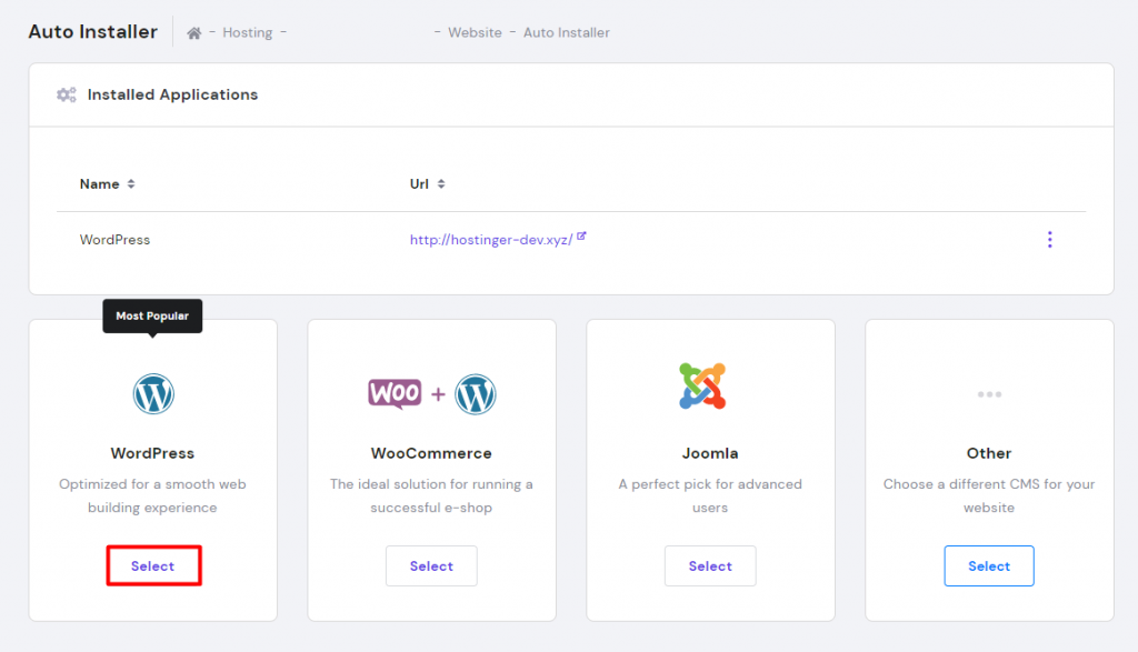 WordPress auto-installer on hPanel