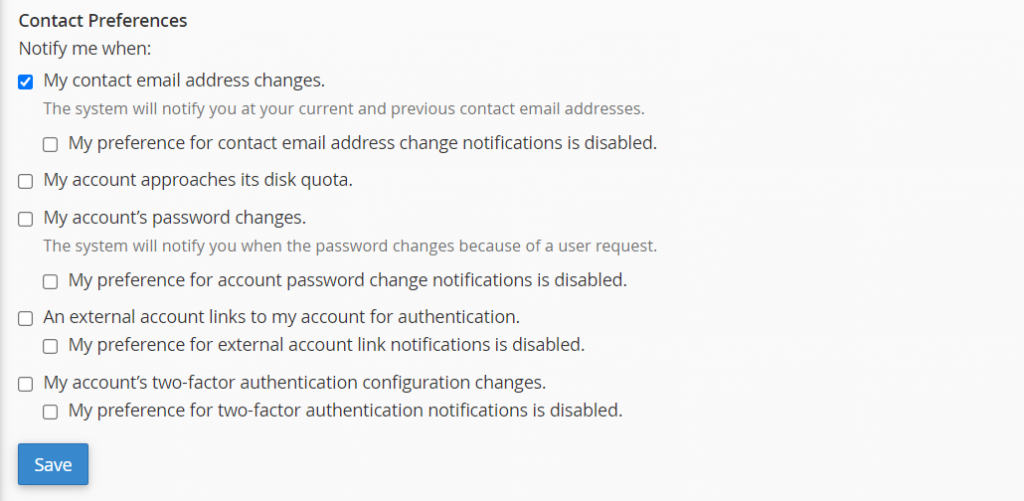 The Contact Preferences options on cPanel