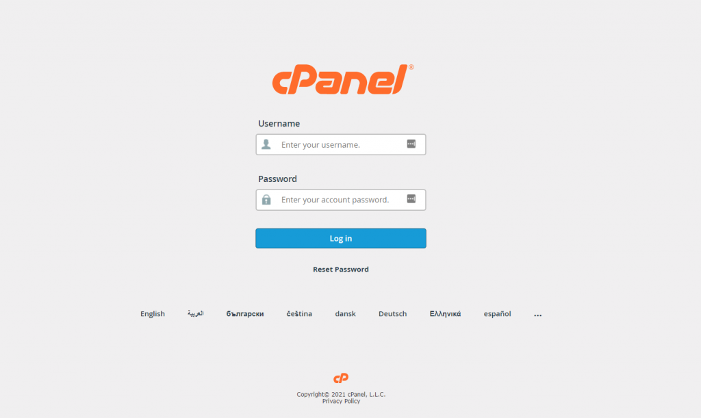 The cPanel login page