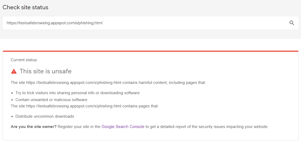 Checking site status using Google Safe Browsing.