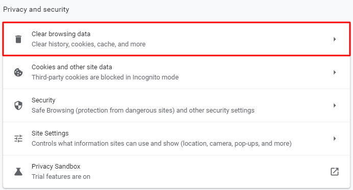 Selecting clear browsing data under the privacy and security section.