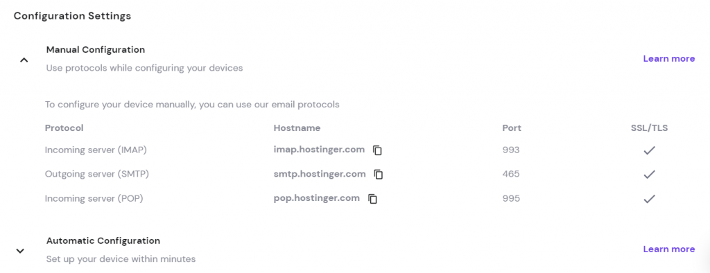 Email configuration settings on the hPanel