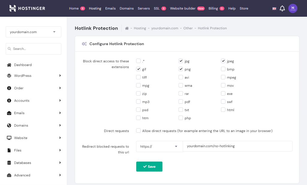 Configure the hotlink protection on hPanel
