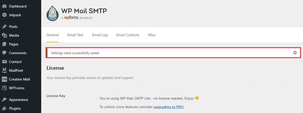 WP Mail SMTP informing that settings were successfully saved