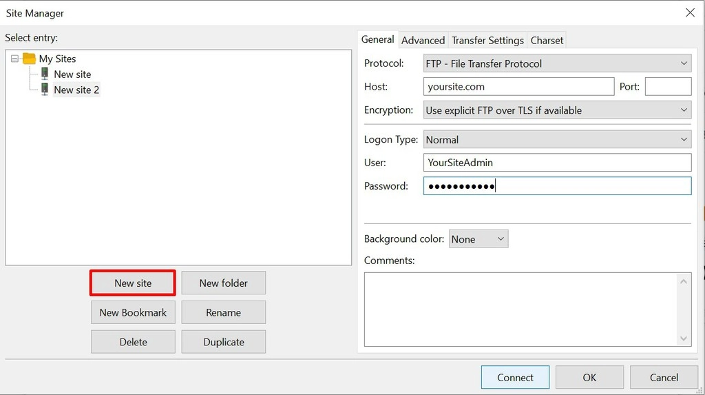 Connect new site to FileZilla