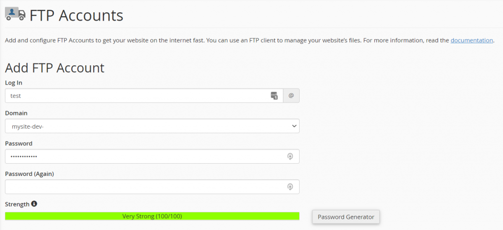 FTP account section on cPanel